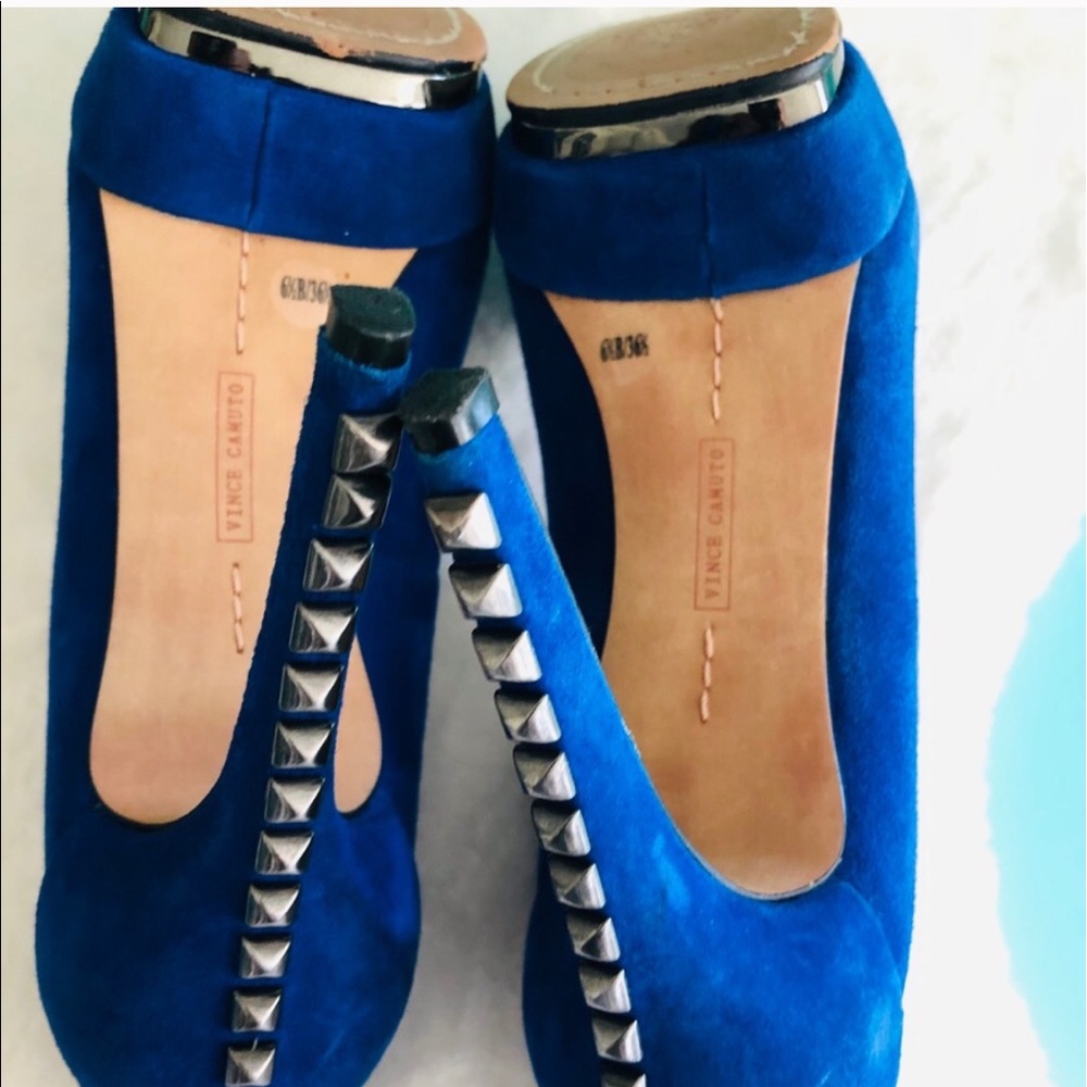 💙VINCE CAMUTO BLUE SUEDE ROCK STUD HEELS 6.5M - Picture 6 of 15